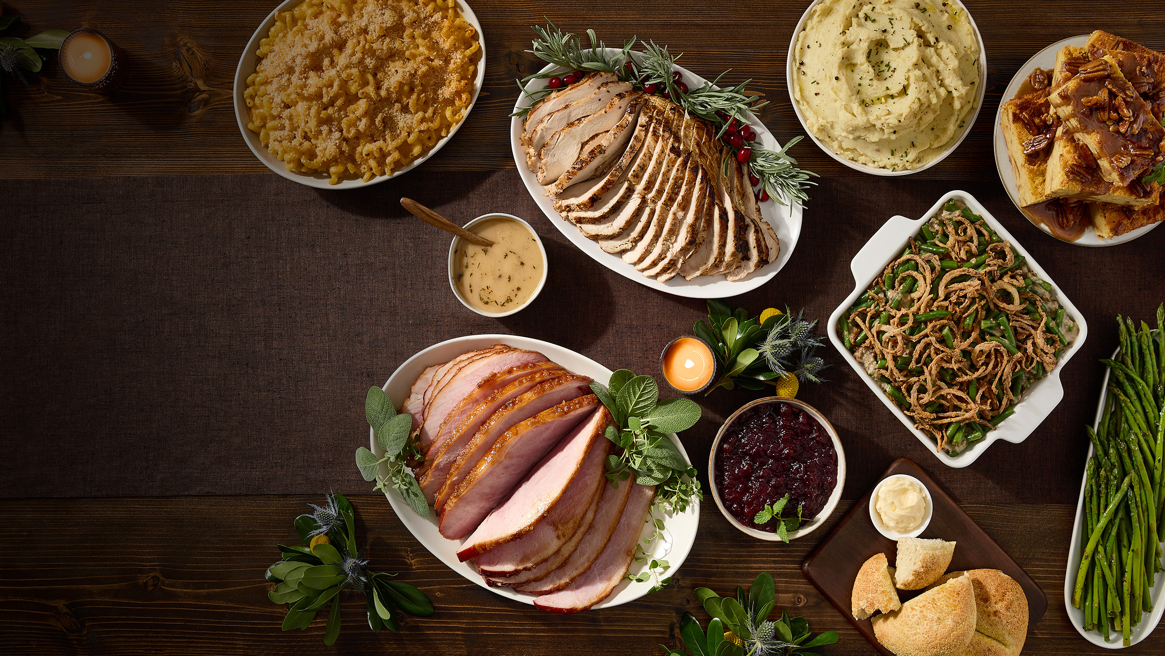 Thanksgiving Feast with Ham, Turkey, Sides and Bread